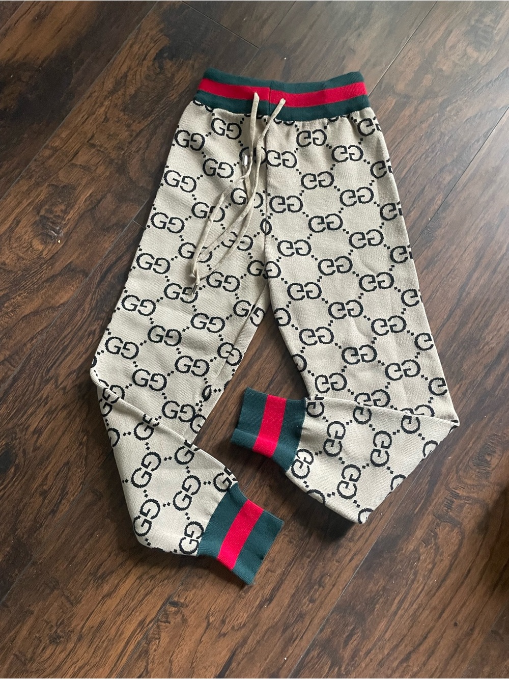 unsex  Beige Logo Knit Joggers with Green and Red Trim